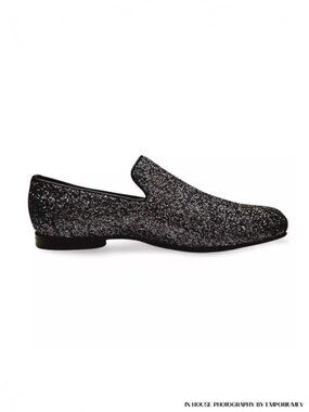 Jimmy Choo Black Glitter Devour Smoking Slippers Penny Loafers (0465)